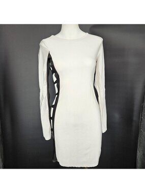 Bodycon Dress Large White Blue Cut Out Color Block Long Sleeve Mini Party Club